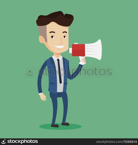 Businessman promoter holding megaphone. Social media marketing concept. Businessman speaking into a megaphone. Businessman advertising using megaphone. Vector flat design illustration. Square layout.. Businessman speaking into megaphone.