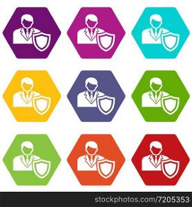 Businessman protection icons 9 set coloful isolated on white for web. Businessman protection icons set 9 vector