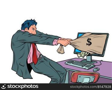 Businessman pulls money out of the internet. Man with a bag of electronic money. Pop art retro vector illustration comic caricature 50s 60s style vintage kitsch. Businessman pulls money out of the internet. Man with a bag of electronic money