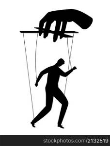 Businessman puppet. Human puppets control, puppeteer hands man marionette silhouette vector illustration, employee staff powers ropes concept, person doll on manipulator strings isolated on white. Businessman puppet. Human puppets control, puppeteer hands man marionette silhouette vector illustration, employee staff powers ropes concept, person doll on manipulator strings