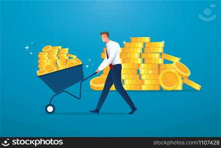 businessman push cart full of gold coins vector illustration EPS10