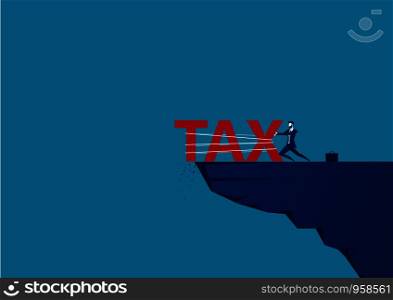 businessman push the word tax from the top of the hill.blue background , vector illustration