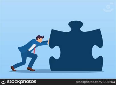 businessman pushes a puzzle. success concept. everyone does his job. Vector illustration in flat style.. businessman pushes a puzzle.