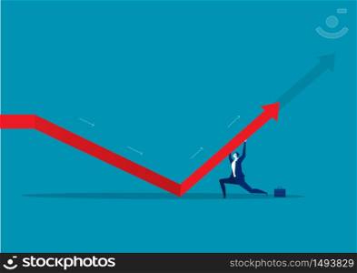 businessman pushes up arrow. on blue background vector illustrator