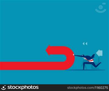 Businessman pushing and changing arrow direction. Concept business vector illustration.