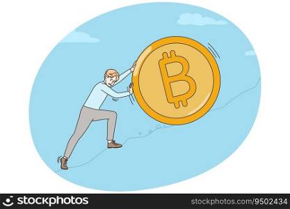 Businessman pushing bitcoin uphill prevent price from falling. Man employee saving cryptocurrency from crisis or fluctuation. Trade and investment. Vector illustration.. Businessman push bitcoin uphill