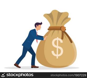 Businessman pushing large bag full of money. Businessman with big heavy sack full of cash. Growth, income, savings, investment. Symbol of wealth. Business success.. Businessman pushing large bag full of money.