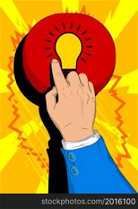 Businessman pushing Light Bulb icon button with his index finger. Comic book style concept. Ideas, idea, success, growth, creativity concept.