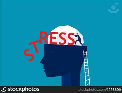 businessman pushing stress word on big head human thinking concept vector illustration