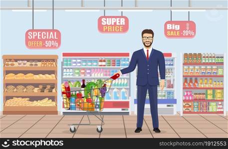businessman pushing supermarket shopping cart full of groceries. isolated on white background. Vector illustration in flat style. Young man pushing supermarket