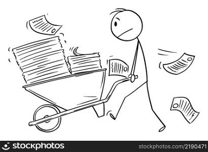 Businessman pushing wheelbarrow loaded with big pile of papers or documents, vector cartoon stick figure or character illustration.. Businessman Pushing Pile of Documents on Wheelbarrow, Vector Cartoon Stick Figure Illustration