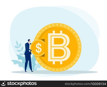 businessman put dollar coin exchange for bitcoin. flat design.bitcoins, altcoins, finance, digital money market, cryptocurrency,coins Vector illustration.