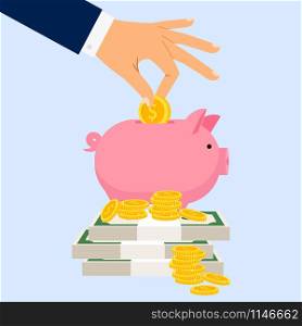 Businessman puts a coin in a pink pig piggy bank isolated on the blue background, vector illustration. Businessman puts coin in piggy bank