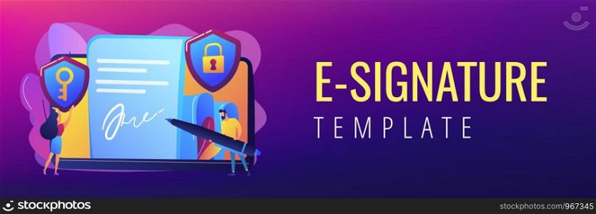 Businessman putting electronic signature on document, security shields. Electronic signature, e-signature template, e-sign consent agreement concept. Header or footer banner template with copy space.. Electronic signature concept banner header.