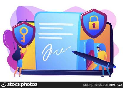 Businessman putting electronic signature on document, security shields. Electronic signature, e-signature template, e-sign consent agreement concept. Bright vibrant violet vector isolated illustration. Electronic signature concept vector illustration.