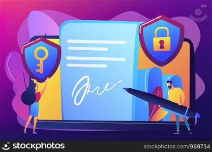 Businessman putting electronic signature on document, security shields. Electronic signature, e-signature template, e-sign consent agreement concept. Bright vibrant violet vector isolated illustration. Electronic signature concept vector illustration.