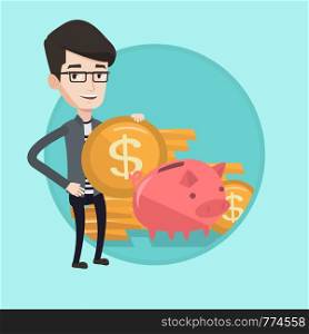 Businessman putting money in a piggy bank. Caucasian smiling businessman saving his money in piggy bank. Concept of saving money. Vector flat design illustration in the circle isolated on background.. Man putting coin in piggy bank vector illustration