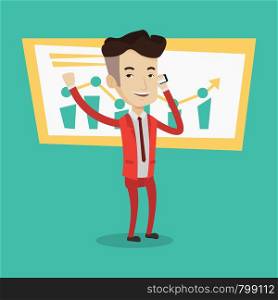 Businessman raising his arm while getting good news on mobile phone near the growth chart. Concept of business stock exchange trading, business success. Vector flat design illustration. Square layout.. Man celebrating business success.