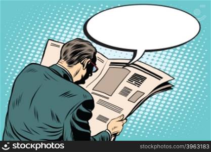 Businessman reading a newspaper pop art retro style. Financial and political news. Man the subscriber presses. Businessman reading a newspaper