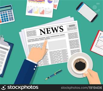 Businessman reading newspaper at the breakfast. Hands pointing. Businessman morning press and coffee. Vector illustration in flat style. Businessman reading newspaper