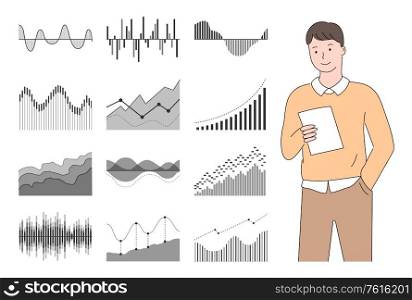 Businessman reading papers and reports vector, infographics male with business documents infographics, analytics and stats flat style visualization. Statistics and Information Monochrome Charts Set