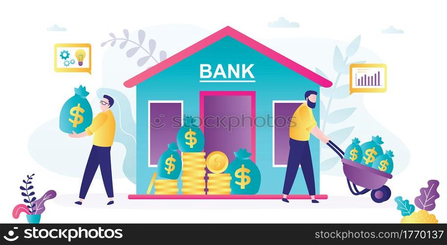 Businessman received loan to new business idea. Entrepreneur with profit. Investor carries money to new startup. Male characters and bank building. Financial support concept. Flat Vector illustration. Businessman received loan to new business idea. Entrepreneur with profit. Investor carries money to new startup.