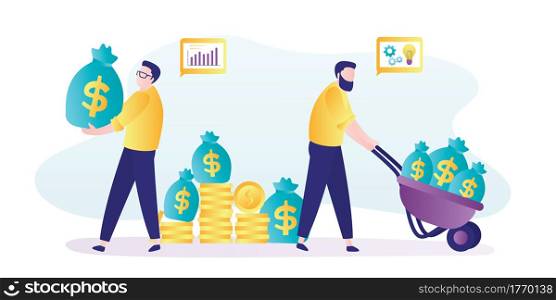 Businessman received loan to new business idea. Man employee with salary. Investor carries money to startup. Male character push cart with money bags. Financial support concept. Vector illustration. Businessman received loan to new business idea. Man employee with salary. Investor carries money to startup.