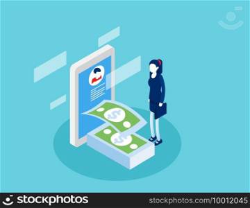 Businessman receiving money. Online transaction concept. Isometric business cartoon vector style