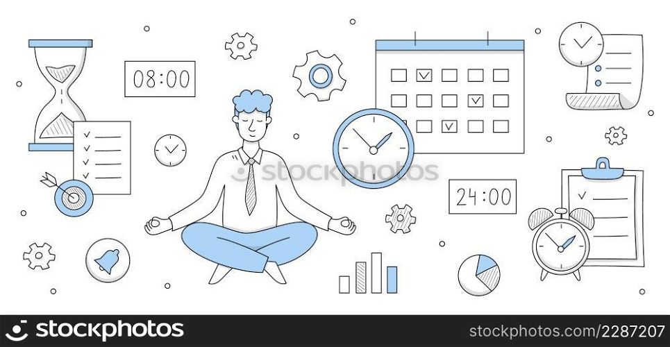 Businessman relaxing and meditating in lotus pose with office supplies and infographic doodle icons around. Worker avoid stress practicing mindfulness business yoga meditation, Vector illustration. Businessman relaxing and meditating in lotus pose