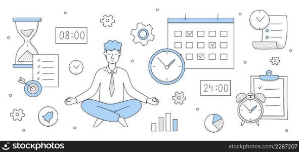 Businessman relaxing and meditating in lotus pose with office supplies and infographic doodle icons around. Worker avoid stress practicing mindfulness business yoga meditation, Vector illustration. Businessman relaxing and meditating in lotus pose