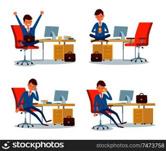 Businessman relaxing by drinking tea by table vector. People working in office having rest during break time. Executive chief talking on mobile phone. Businessman Relaxing by Drinking Tea by Table