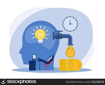 Businessman relaxing on big head idea and making money passively. Finance, investment, wealth, passive income concept