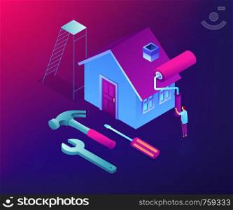 Businessman renovating house with paint roller and DIY home repair tools. DIY repair, do it yourself service, self-service learning concept. Ultraviolet neon vector isometric 3D illustration.. DIY repair concept vector isometric illustration.