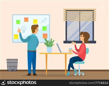 Businessman representing the plan at a meeting in the office. Business idea development, strategies generation of innovate. Man near presentation poster with idea bulb discussing with a woman. Businessman representing the plan at a meeting in the office. Business idea development concept