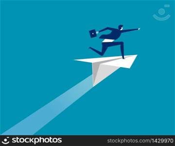 Businessman ride paper plane and pointing to target. Concept business vector illustration, Flat business cartoon, Character style design, Success