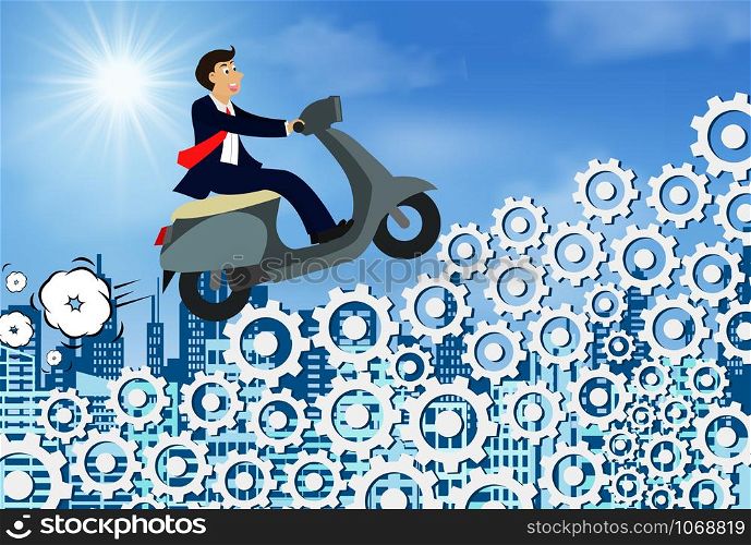 Businessman riding a motorcycle running on the gear ladder. go to goal and business finance success. creative idea. leadership. character cartoon illustration vector