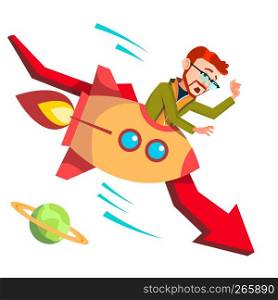 Businessman Riding A Rocket Falls Down Falling Red Arrow Vector. Illustration. Businessman Riding A Rocket Falls Down On Background Of Falling Red Arrow Vector. Illustration