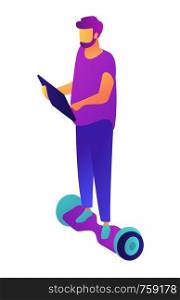 Businessman riding hoverboard and holding a tablet, tiny people isometric 3D illustration. Manager on self-balancing scooter, urban electric transportation concept. Isolated on white background.. Businessman riding hoverboard and working on tablet isometric 3D illustration.