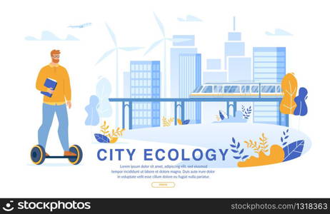 Businessman Riding Self-Balanced Hoverboard to Work or Business Training. Futuristic Eco-Friendly City with Electric Railway Train on Magnetic Pad. Air and Health Safe Ecological Transportation. Businessman Riding Hoverboard to Work in Eco City