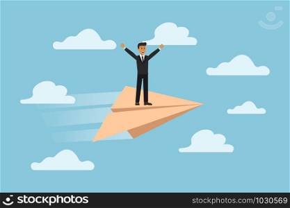Businessman rises up on a paper plane, achieving a goal, the path to success. teamwork. Vector illustration.