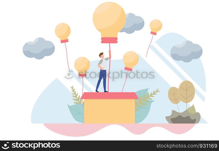 Businessman rising on bulb balloon concept with character.Creative flat design for web banner