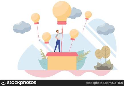 Businessman rising on bulb balloon concept with character.Creative flat design for web banner