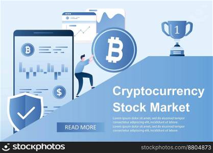 Businessman rolls a bitcoin coin,big smartphone with currency market application, cryptocurrency stock market,victory cup on top,landing page template,trendy style vector illustration