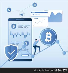 Businessman rolls a bitcoin coin on a growing graph,big smartphone with currency stock market application, cryptocurrency exchange,trendy style vector illustration.