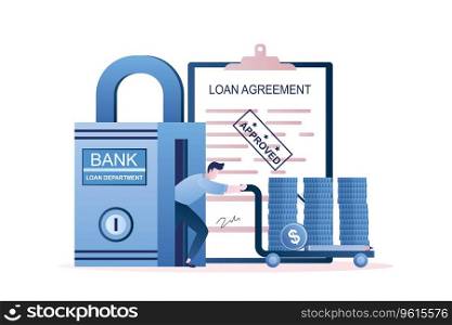 Businessman rolls a cart with money from the bank. Loan agreement paper on background. Approved loan concept. Design in trendy style. Vector illustration