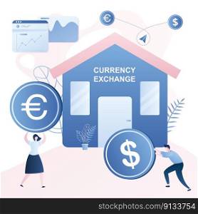 Businessman rolls dollar coin and businesswoman holding euro coin,bank building or currency exchange point on background, exchange market,trendy style vector illustration.
