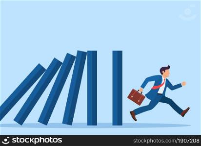 Businessman run away domino effect. Business Concept. Business crisis. Vector illustration in flat style.. Businessman run away domino effect.