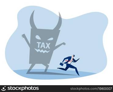 Businessman run away from tax devil. pay tax finance vector.