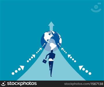 Businessman run into globe. Concept business vector illustration, Competition, Leader.