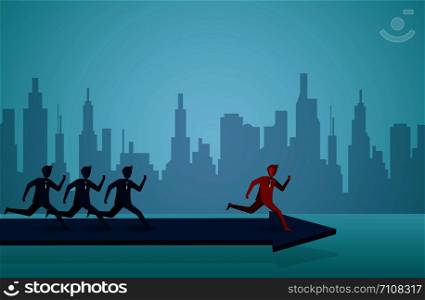 Businessman runing competition on the arrow blue . go to target business success. Move forward to the goal. leadership. creative idea. startup. illustration cartoon vector